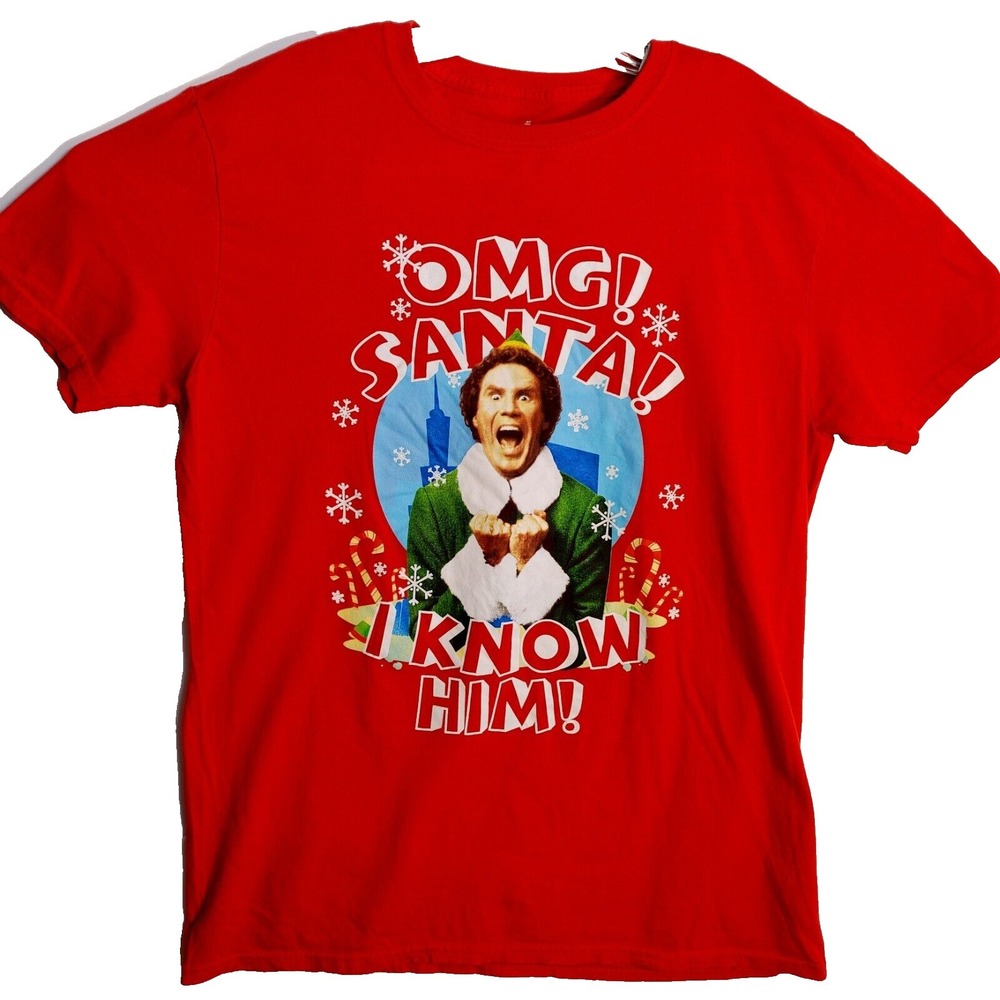 ELF OMG Santa! I Know Him! T-Shirt Red Size L Will Ferrell Christmas Holiday